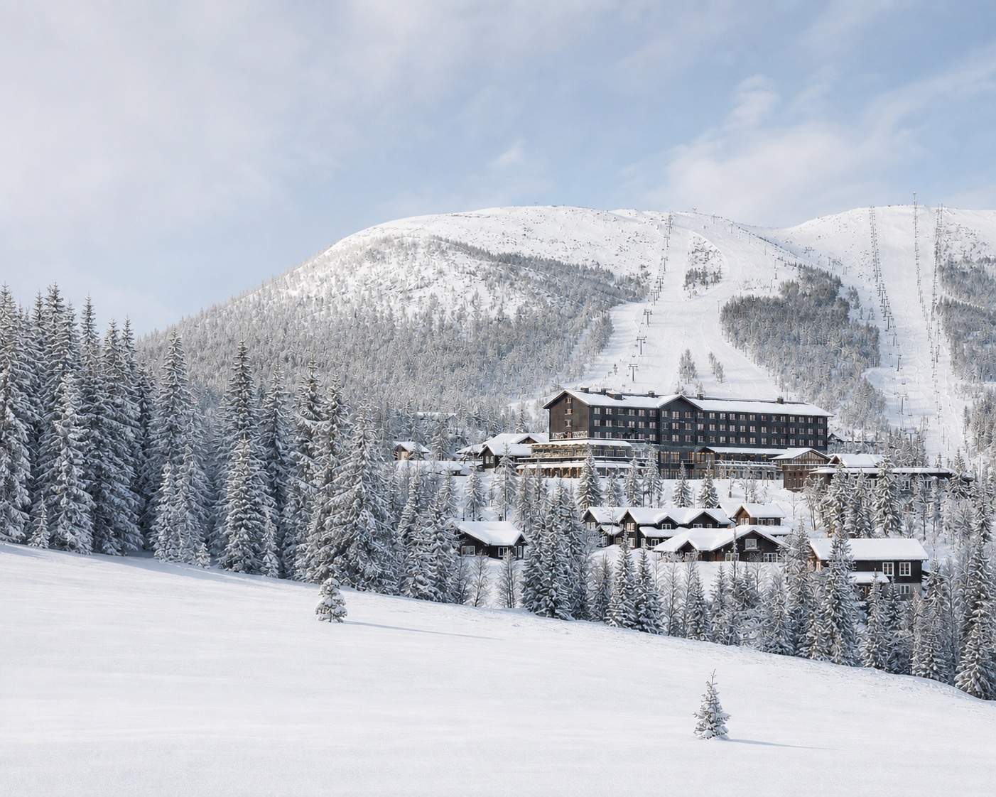 Vemdalsskalet's mountain hotel beneath Skalsfjället