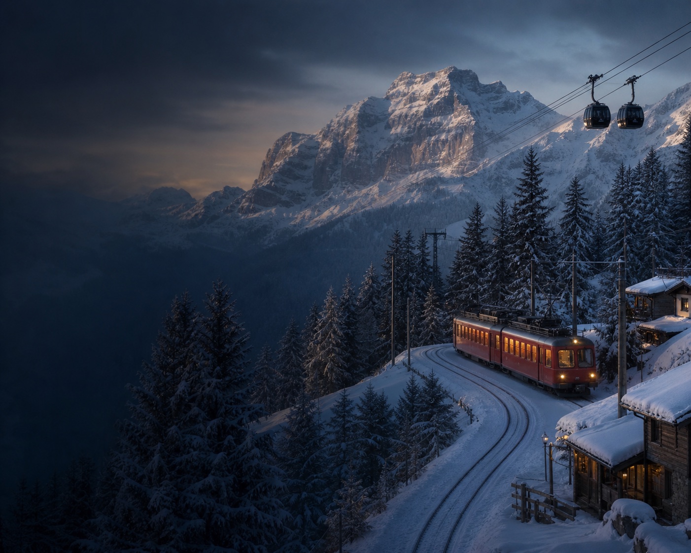 Villars' red cogwheel train beneath the snowy Grand Muveran