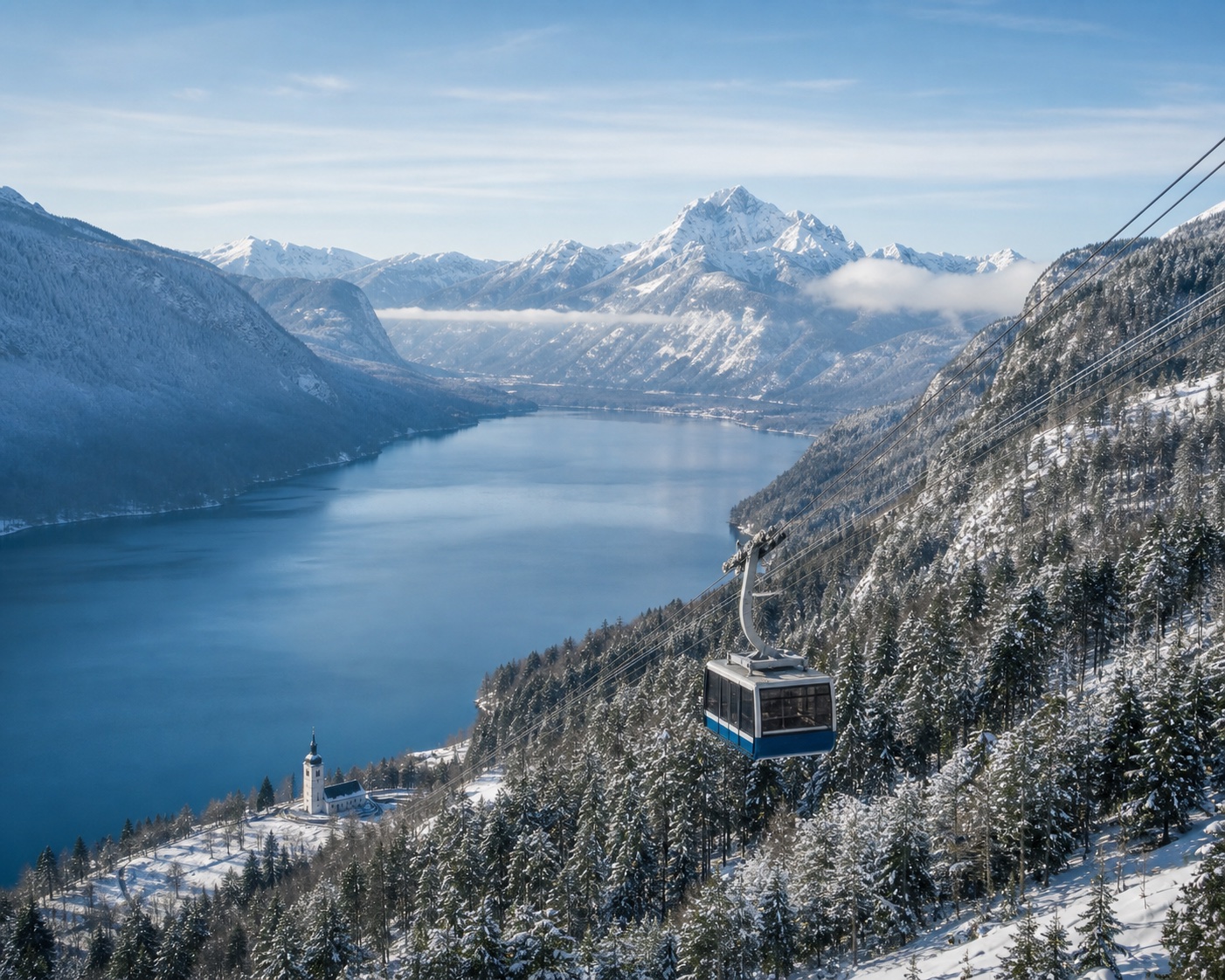 Vogel cable car above Lake Bohinj with Triglav beyond