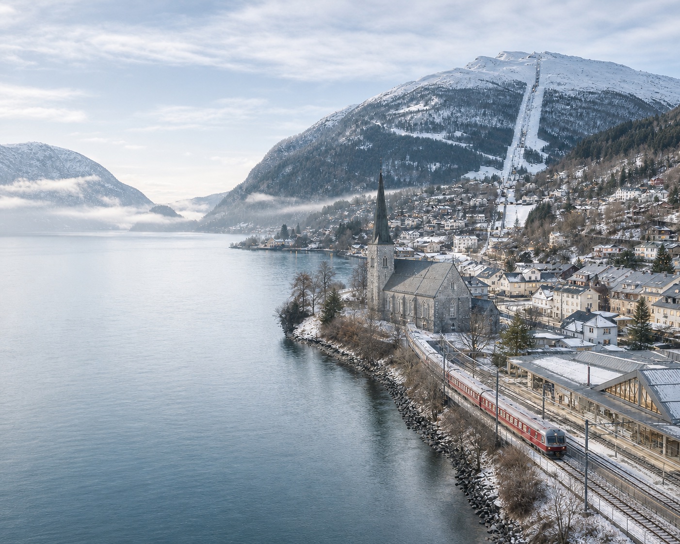 Voss Gondol rising above Vangsvatnet, the railway and Vangskyrkja