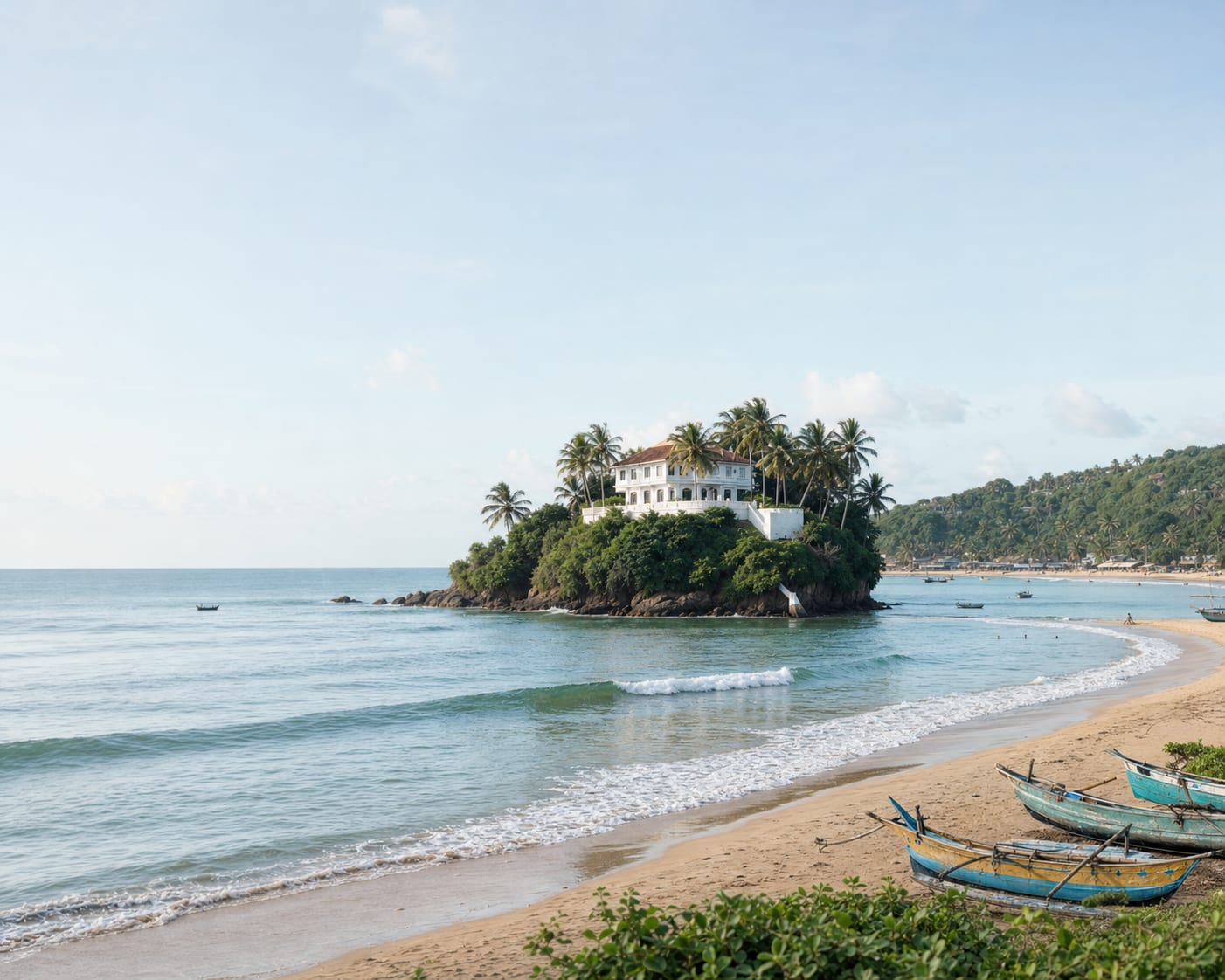 Weligama Bay surf curling around the villa and palms of Taprobane Island