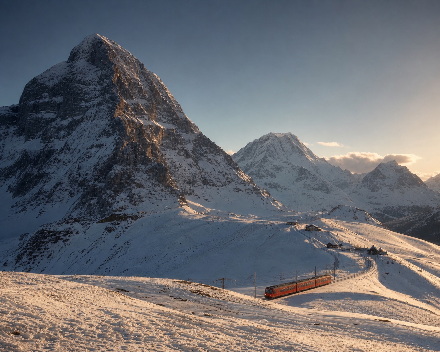 A red Jungfrau railway train crossing Kleine Scheidegg beneath the Eiger