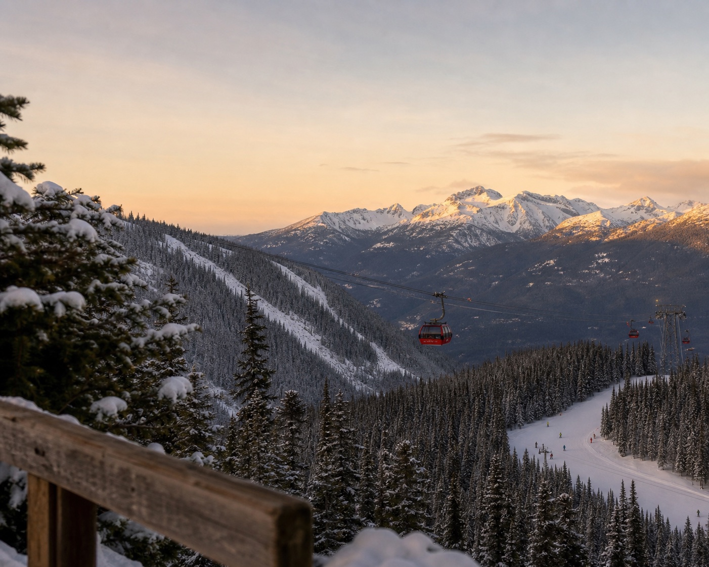 A red Peak 2 Peak gondola crossing the snowy Whistler Blackcomb valley