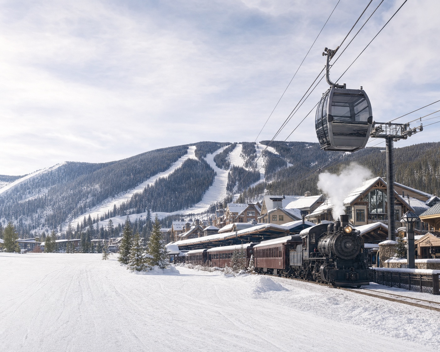 Winter Park gondola and heritage ski train beneath the Mary Jane slopes