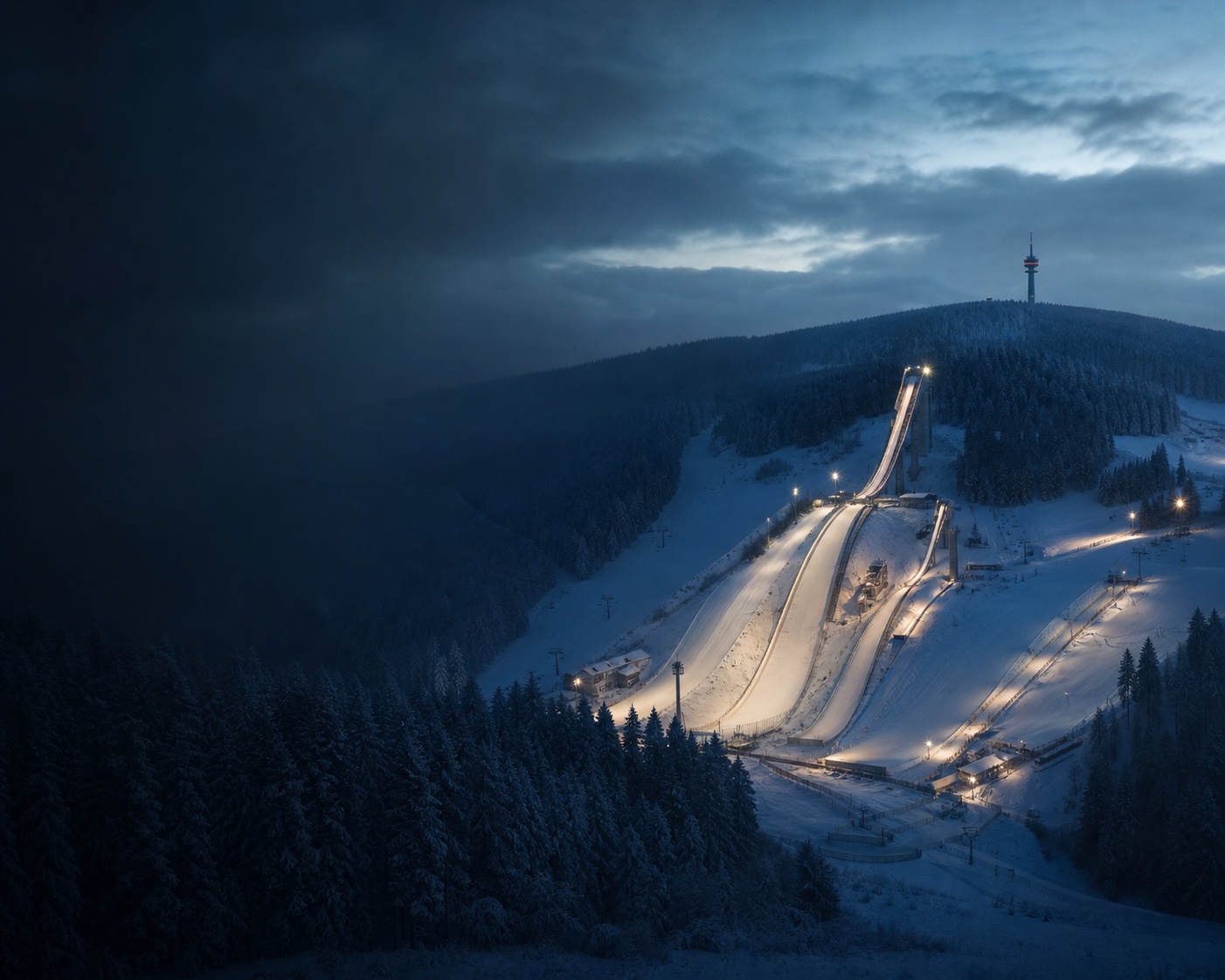 Winterberg's arched St Georg ski jump above its floodlit pistes