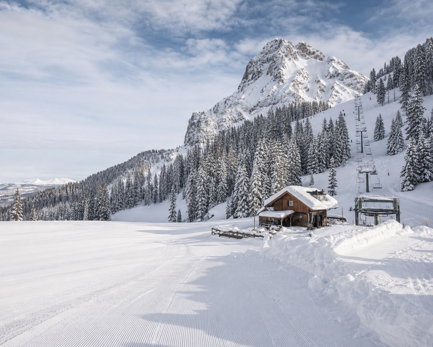 Wolf Creek chairlift and timber lodge beneath rugged Alberta Peak