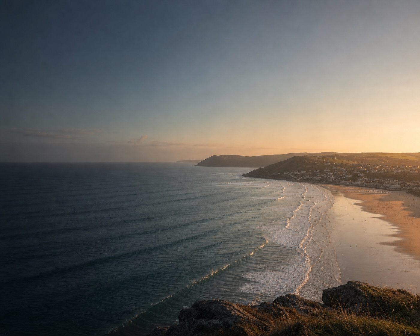 Surf lines sweeping along Woolacombe Beach towards Morte Point