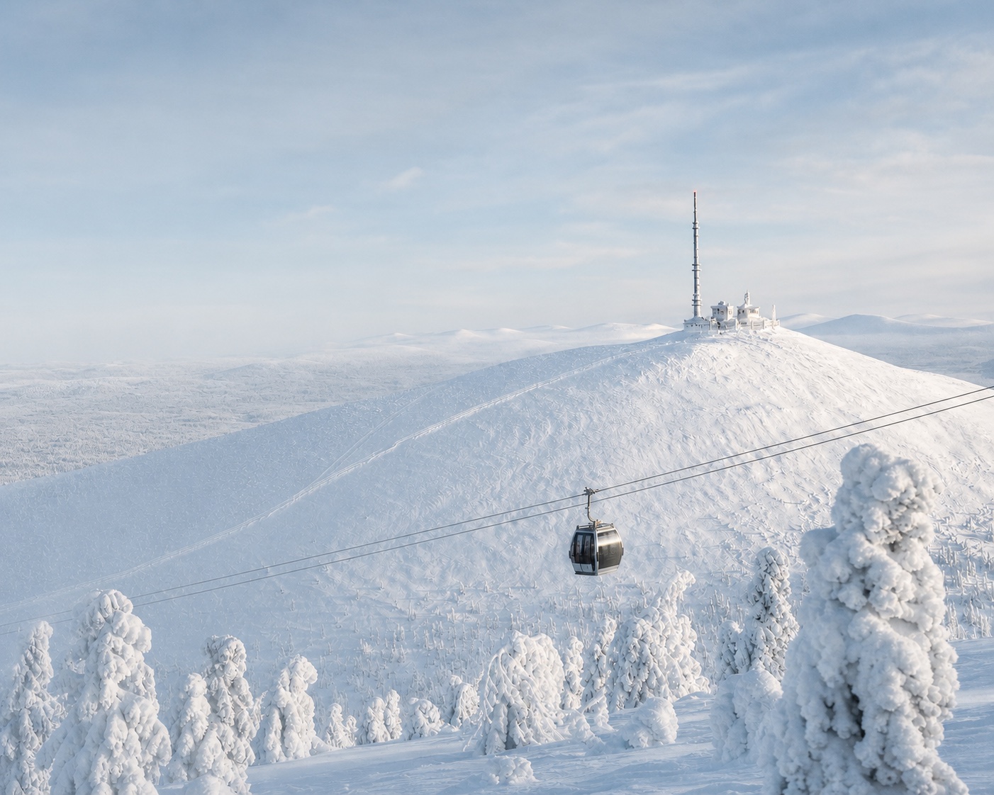 Ylläs gondola climbing towards Yllästunturi's summit mast