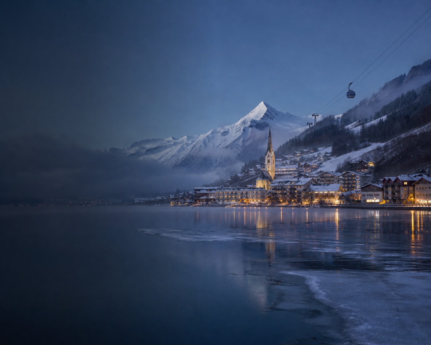 Zell am See's church and gondola reflected in the wintry Zeller See