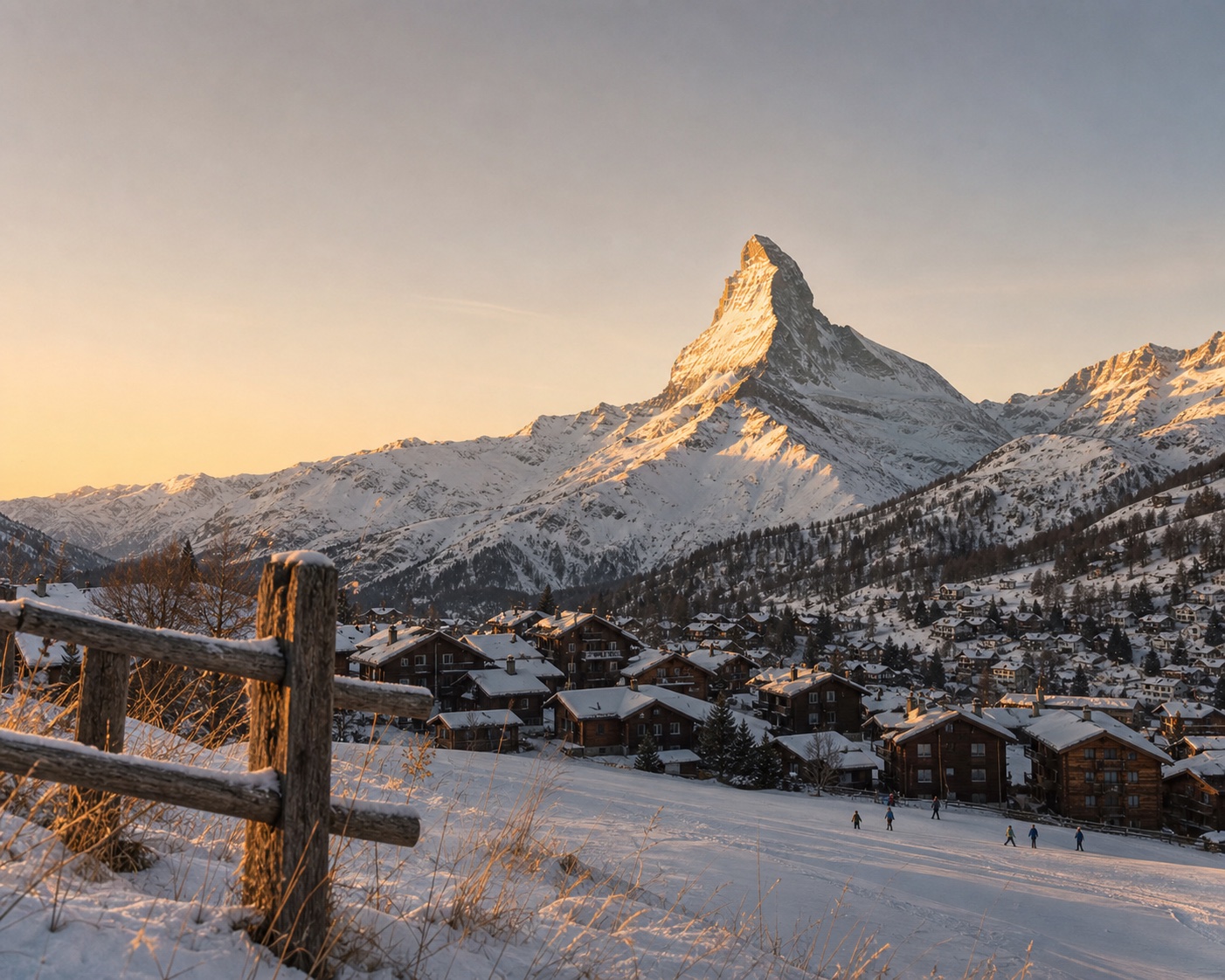 Zermatt timber chalets beneath the Matterhorn at winter golden hour